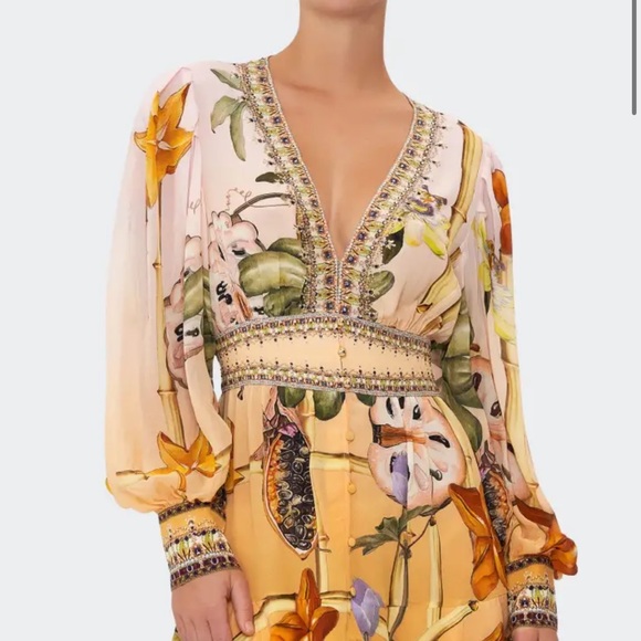 Camilla blouson sleeve button front silk mini dres - Picture 4 of 5